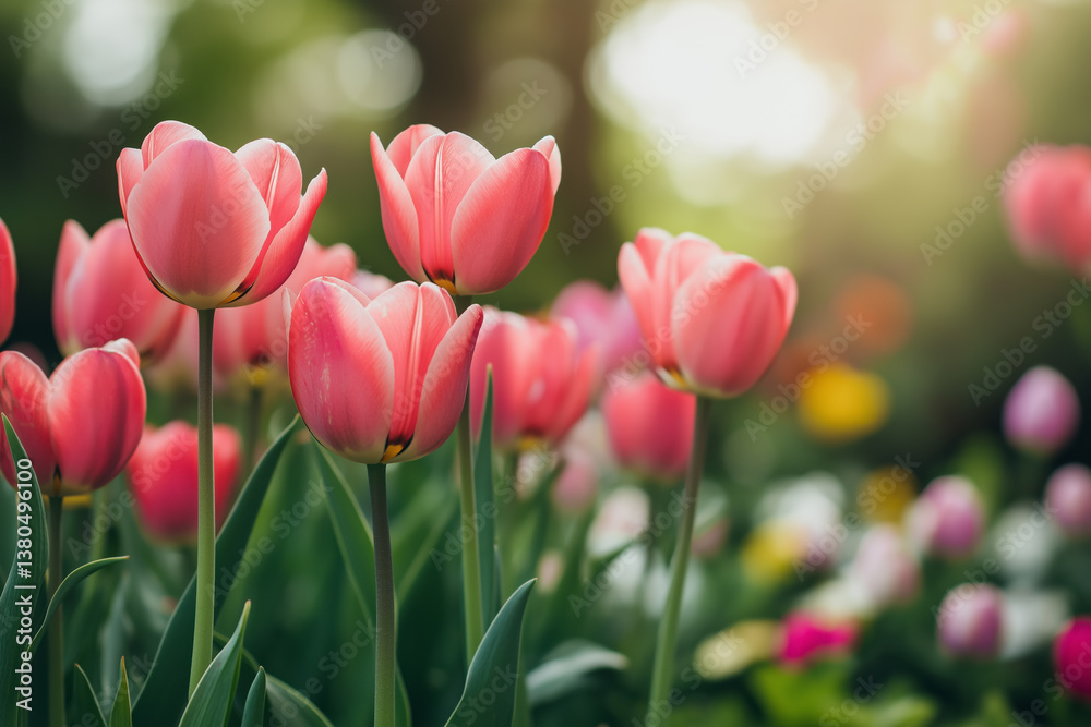 Fototapeta premium Beautiful pink tulips in a vibrant garden during springtime sunshine