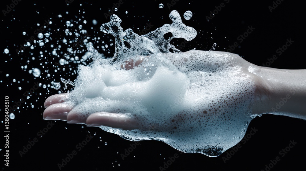 Fototapeta premium Hand holding a foam soap dispenser with a bubbly foam texture.