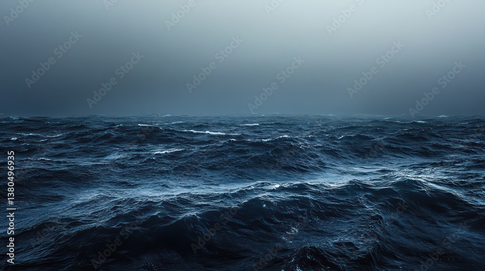 Fototapeta premium vast expanse of stormy ocean, endless waves rolling toward desolate shore, thick fog drifting acrossscene, deep navy and charcoal tones dominatingimage,