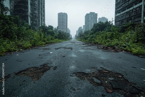 Desolate street surrounded by overgrown vegetation, abandoned bu