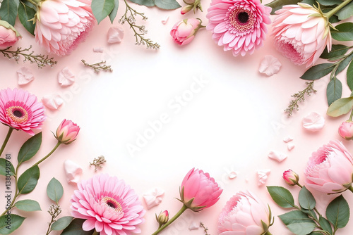 pink flowers and eucalyptus leaves on a white background