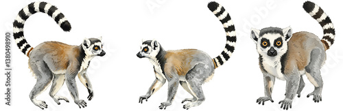 Watercolor three ring tailed lemurs posed with striped tails on a plain setting looking forward at the viewer on transparent background photo