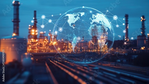 Global Network and Industrial Plant at Night