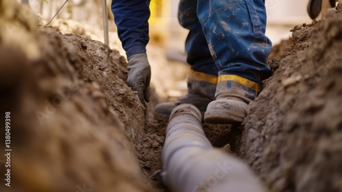 A construction worker laying pipes for a drainage system. Featuring expertise and care