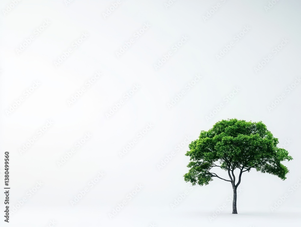 Obraz premium A solitary green tree with lush leaves rises prominently against a stark white backdrop. The simplicity emphasizes its beauty in natural light and evokes feelings of tranquility and solitude