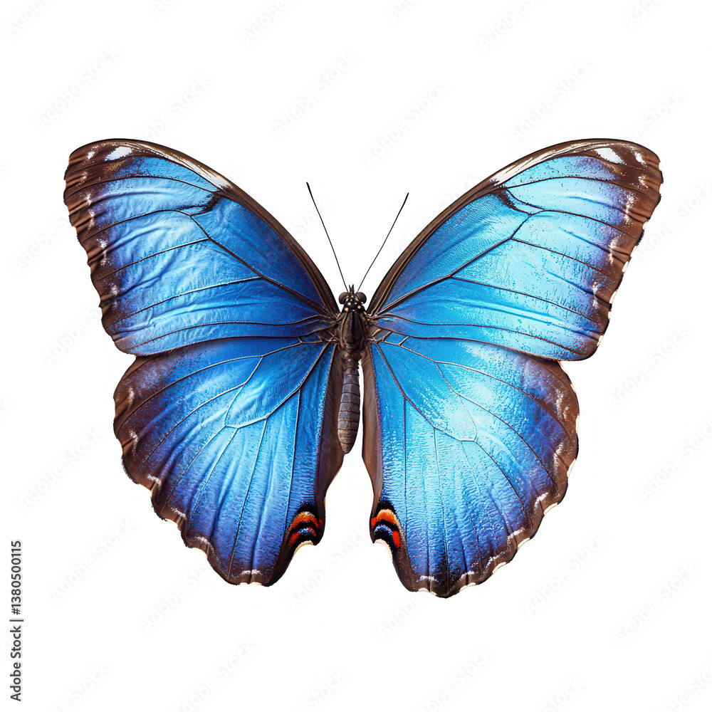 Obraz premium A stunning blue butterfly showcasing vibrant colors and intricate details, perched gracefully against a white isolated background, perfect for nature and beauty themes.