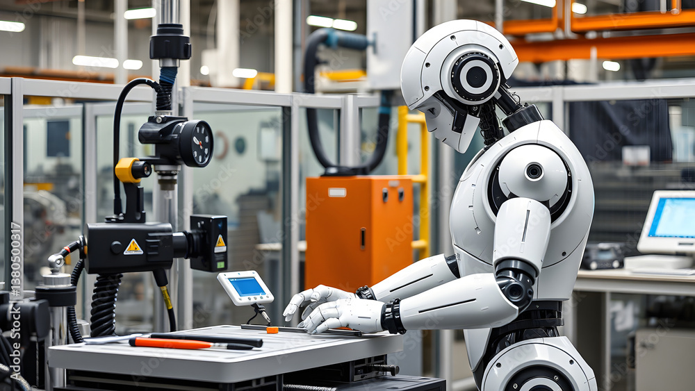 Fototapeta premium Humanoid Robot Working with Measuring Instruments in Modern Factory