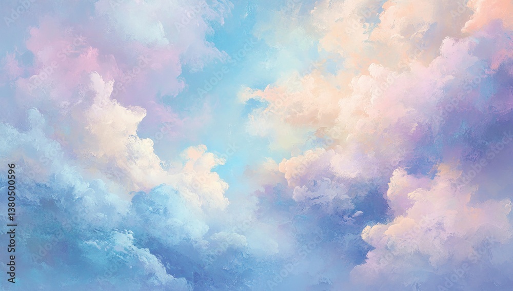 Dreamy Pastel Cloudscape: An Artistic Impression of Serene Skies, Soft Hues, and Fluffy Clouds in a Peaceful Atmosphere Dreamy Pastel Cloudscape: An Artistic Impression of Serene Skies, Soft Hues, and Fluffy Clouds in a Peaceful Atmosphere