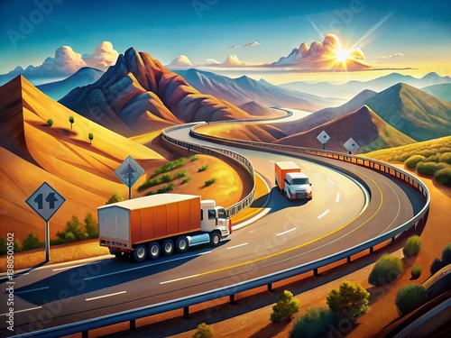 Panoramic View: Trucks Avoiding Road Sign - Caution Retarders photo