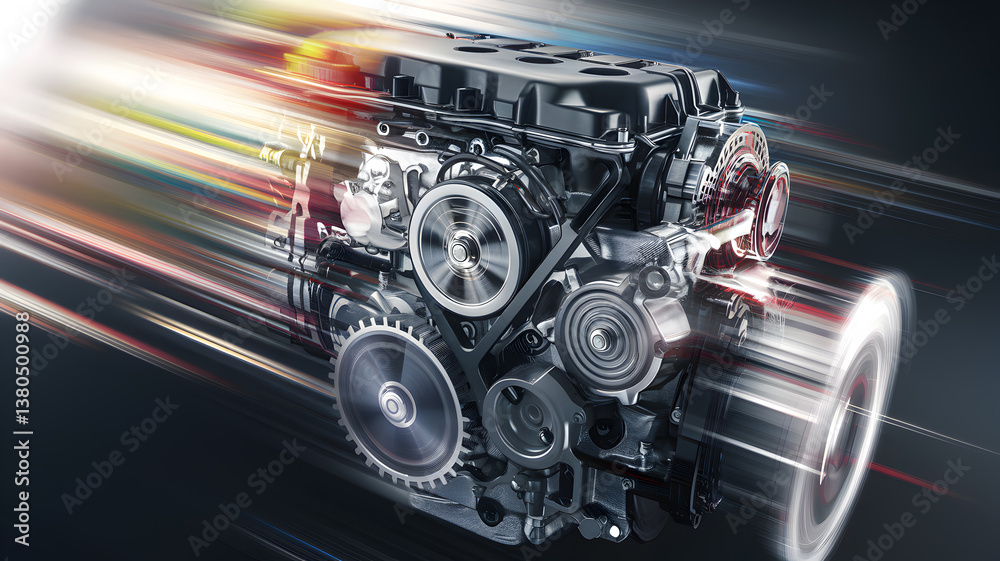 Obraz premium High-speed automotive engine with motion blur, showcasing mechanical components and dynamic energy