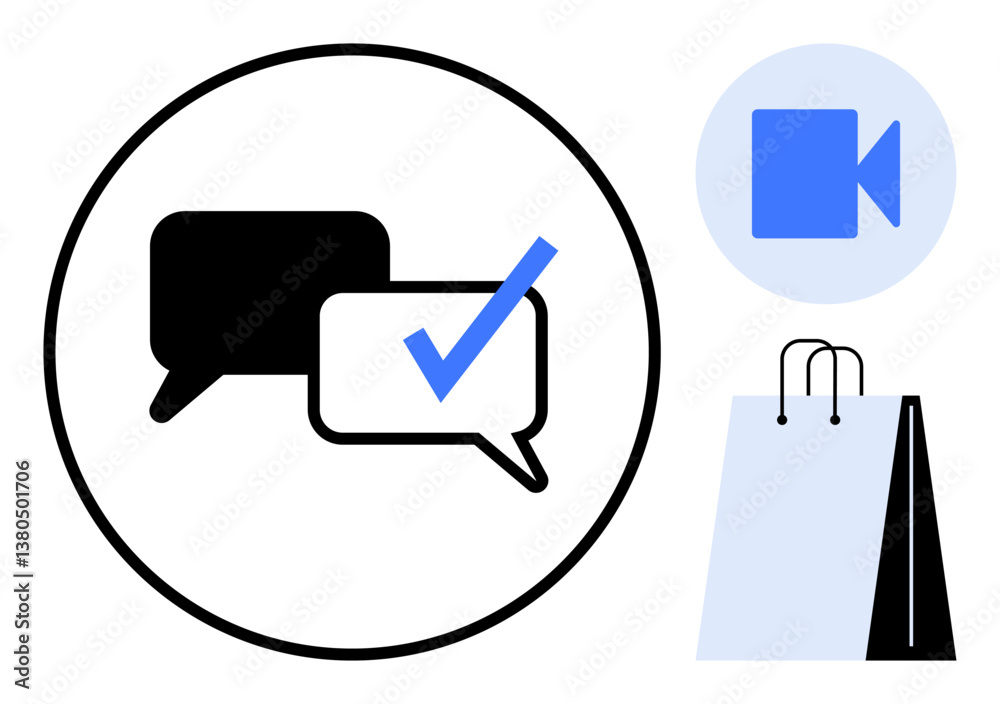 Speech bubbles with a checkmark, a blue video camera icon, and a shopping bag. Ideal for communication, approval, video conferencing, e-commerce, technology messaging connection. Flat simple