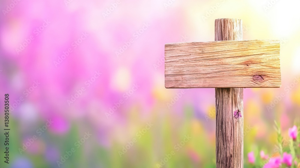 Naklejka premium A wooden signpost stands against a backdrop of colorful flowers, creating a serene and vibrant atmosphere.