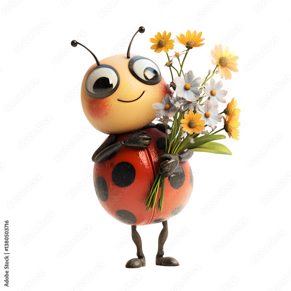 Naklejka premium Cute Ladybug Holding Flowers, isolated on transparent background