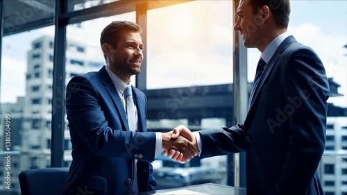 Business scene: a businessman shaking hands after a business deal is concluded; a CEO; a businessman; an entrepreneur. Businessman.For marketing and business advertising.