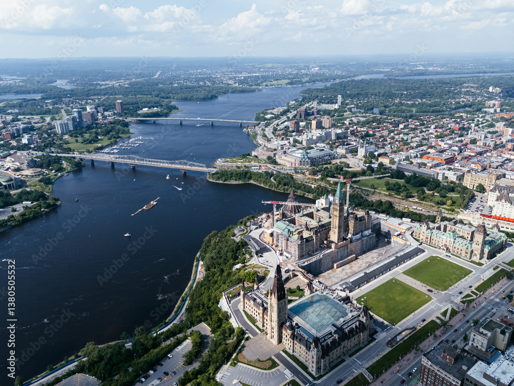 Fototapeta premium Aerial view of the capital Parliament under renovation the skyline of downtown Ottawa