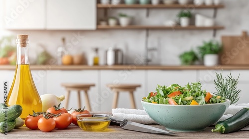 Bright kitchen scene featuring fresh ingredients, salad bowl, an
