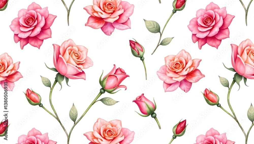 Naklejka premium Delicate watercolor rose buds, repeat pattern on white , romantic, fabric, print