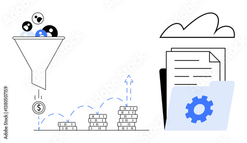 Funnel filtering leads into revenue, coins forming stacks representing growth, documents in cloud-folder. Ideal for business, finance, marketing, analytics, automation, strategy flat simple metaphor