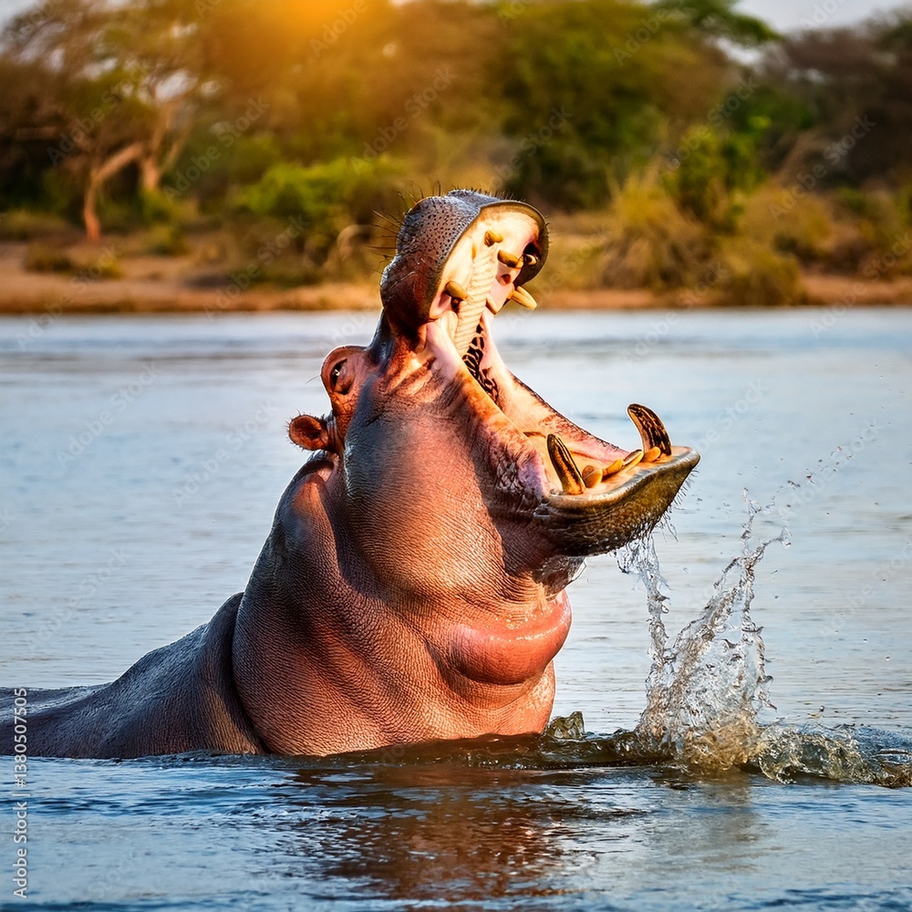 Fototapeta premium Yawning hippopotamus showing its tusks in an African river, water splashes.