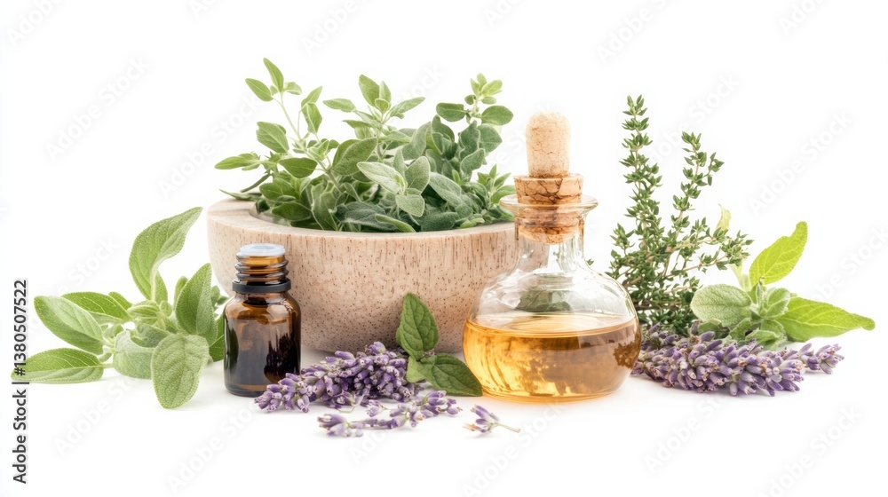 A calming herbal aromatherapy setup, with essential oils and fresh herbs in a spa setting, isolated on white A calming herbal aromatherapy setup, with essential oils and fresh herbs in a spa setting, isolated on white