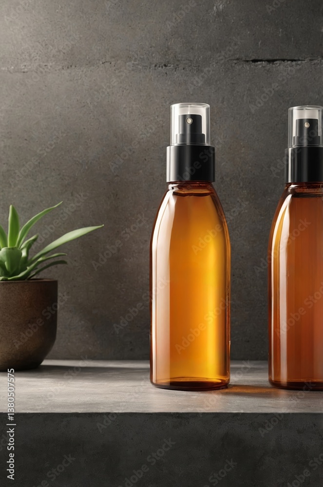 Brown glass bottles of essential oils beside a small potted plant on a gray stone countertop in a calm indoor setting Brown glass bottles of essential oils beside a small potted plant on a gray stone countertop in a calm indoor setting