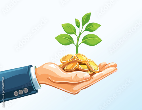 Concept of money with plant growing from coins in hand. Financial and save money concept