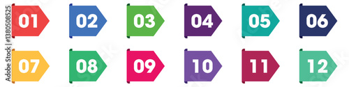 Number bullet points set 1 to 12. Transparent background