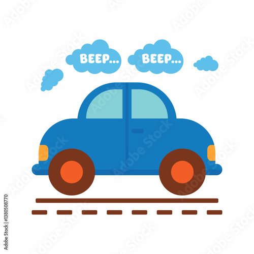 Blue Car Honking with Speech Bubbles. Colorful  blue car beeping, with speech bubbles and a simple road, ideal for kids’ education or design. Flat vector illustration