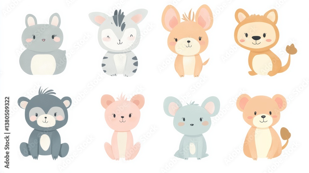 A charming book-style animal shape collection, featuring soft pastel colors and playful designs of baby animals, isolated on white, A charming book-style animal shape collection, featuring soft pastel colors and playful designs of baby animals, isolated on white,