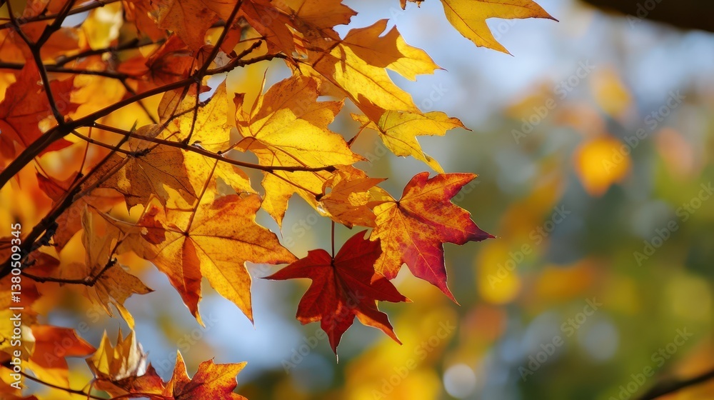 Golden and red leaves adorn branches, reflecting the beauty of autumn in a peaceful park. Sunlight filters through, enhancing their vivid hues and inviting a quiet moment of appreciation Golden and red leaves adorn branches, reflecting the beauty of autumn in a peaceful park. Sunlight filters through, enhancing their vivid hues and inviting a quiet moment of appreciation