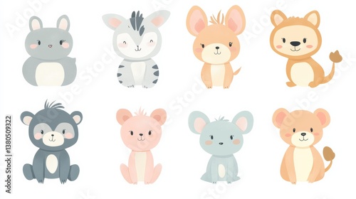 Wallpaper Mural A charming book-style animal shape collection, featuring soft pastel colors and playful designs of baby animals, isolated on white, Torontodigital.ca