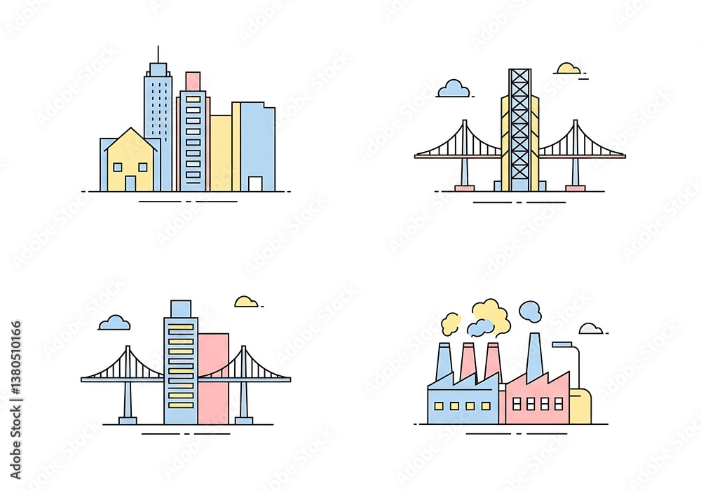 Obraz premium Icon Set Presenting Building, Bridge, and Industrial Plant in Minimal Style