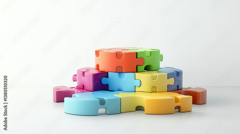 Colorful puzzle pieces stacked on a white surface. Colorful puzzle pieces stacked on a white surface.