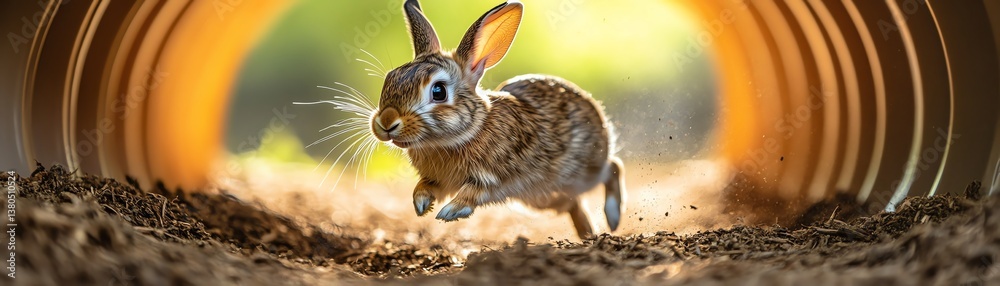 Fototapeta premium A rabbit hopping through an outdoor tunnel playset