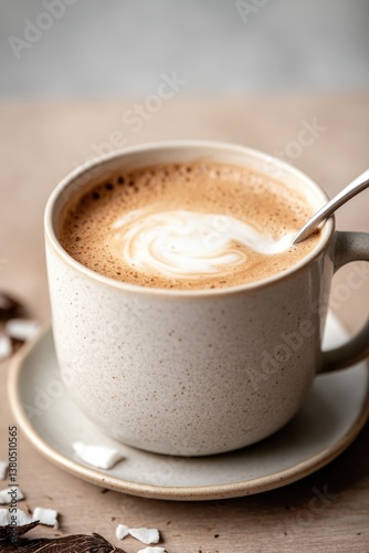 Warm coffee in textured cup with delicate froth design invites r