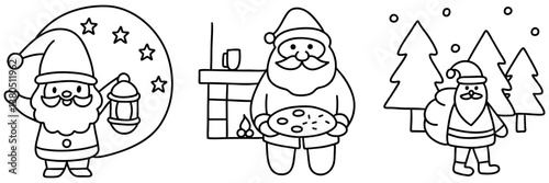 Cute Santa Claus illustrations with festive elements like stars, cookies, and Christmas trees evoke joyful holiday spirit