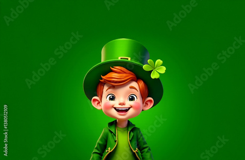 Cute boy wearing a green leprechaun. St. Patrick's Day. Copy space. Selective focus, blurred background.
