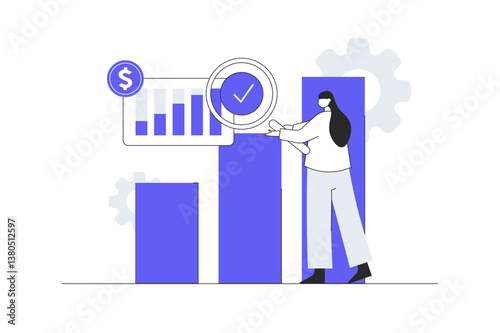 Woman character analyzing graphs and diagrams. Planning business strategy and managing data and finance. Data analysis concept. Flat Cartoon Vector Illustration, icon. Stylish abstract design web