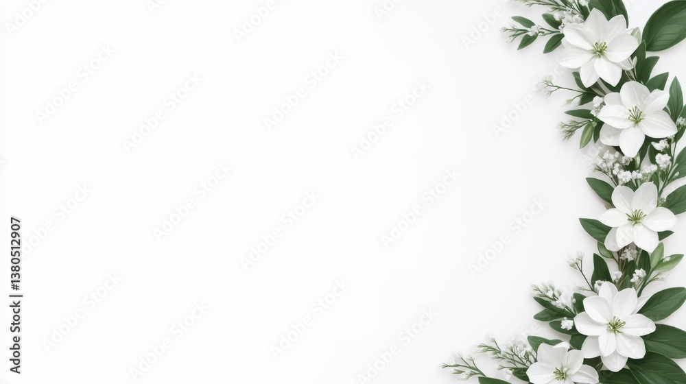 Fototapeta premium Delicate white flowers with green leaves are thoughtfully arranged on a light background, creating an elegant spring decoration ideal for events or invitations