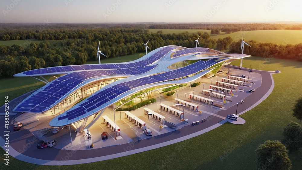 Fototapeta premium Modern sustainable gas station with solar panels and wind turbines