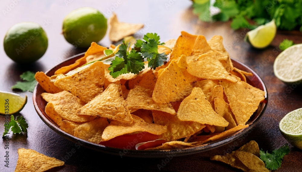 fiesta background with tortilla chips cilantro and limes fiesta background with tortilla chips cilantro and limes