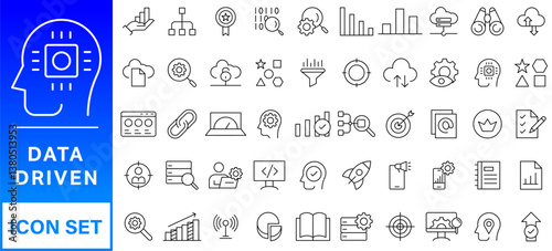 Data driven line icon set. Editable stroke. Containing as big data, data mining, algorithm, analytics, machine learning, ai, science, warehouse, database, dataset and more.