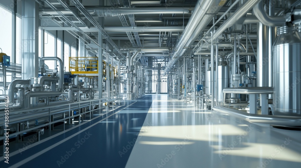 Fototapeta premium Modern Industrial Plant Interior Steel Pipes Pathways