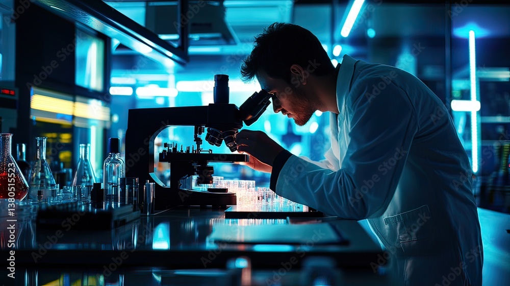 Scientific research action in laboratory examining samples under microscope Scientific research action in laboratory examining samples under microscope
