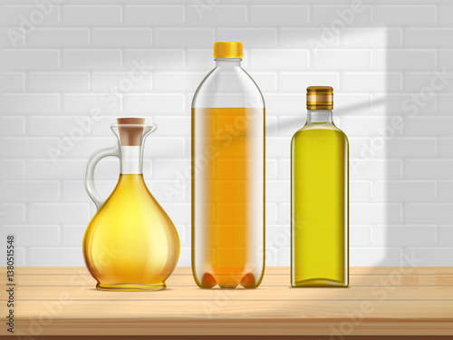 Olive oil, sunflower or rapeseed oil in glass bottles and jug. On a wooden table in the kitchen. Vector illustration.