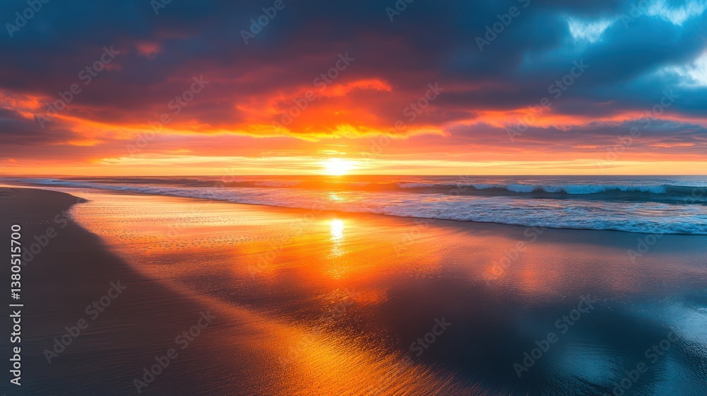 Fototapeta premium The dramatic contrast of fiery sunset over peaceful beach, reflections shimmering onsmooth sand,deep blues ofoceblending seamlessly withwarm golden highlights