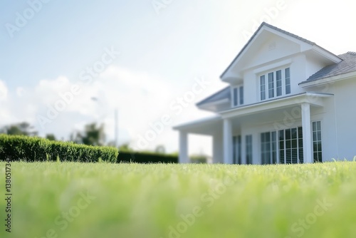 Wallpaper Mural A stunning modern house features a spacious lawn, lush green grass, and elegant architecture. Bright sunlight enhances the inviting atmosphere of the peaceful neighborhood Torontodigital.ca