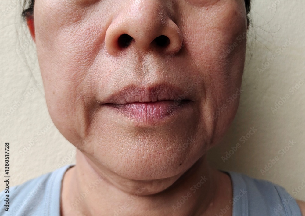 Fototapeta premium portrait the wrinkle and Flabby skin beside the mouth, Flabbiness and loose, dark spots and blemish on the face, health care and beauty concept.