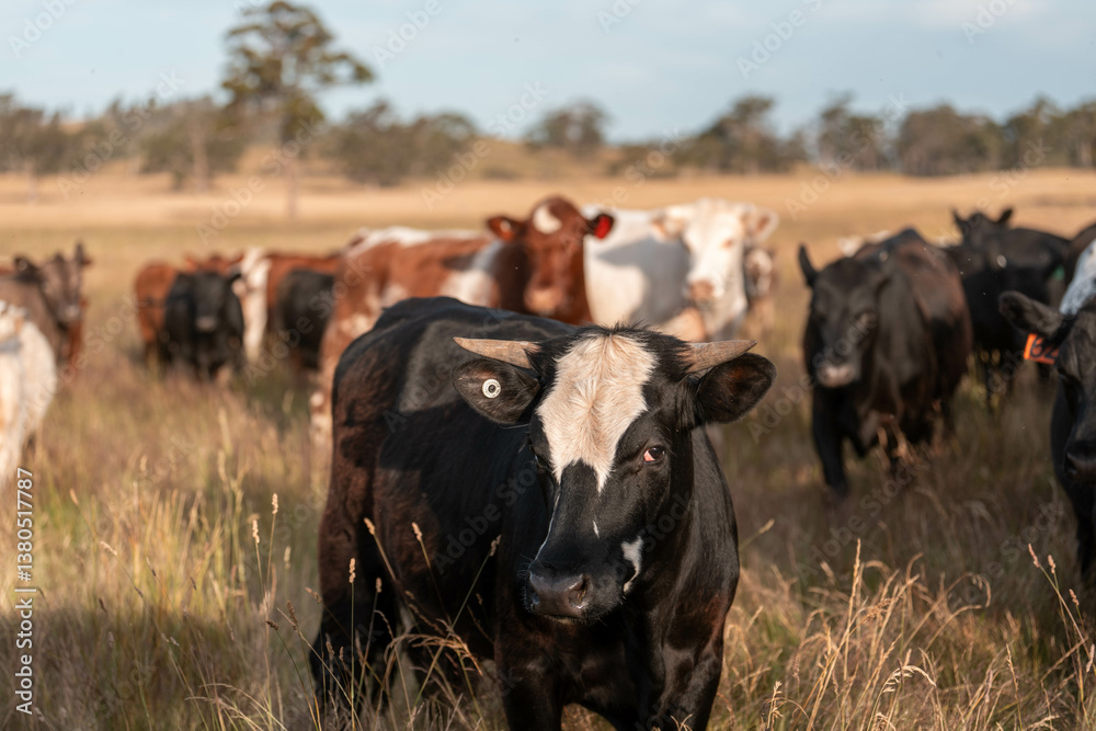 growing beef cows and cattle grazing on sustainable managed grasses on a farm. sustainable beef regenerative food farm