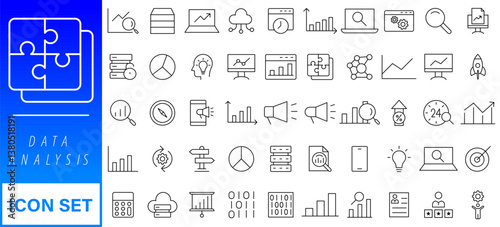 Data analysis line icon set. Editable stroke. Containing as big data, data mining, algorithm, analytics, machine learning, ai, science, warehouse, database, dataset and more.